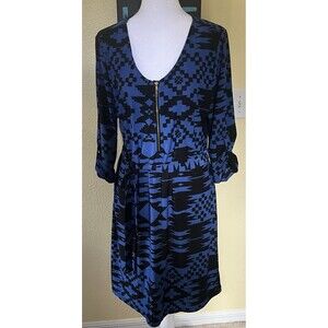Tacera 1/4 Front Zip 3/4 Roll Tab Sleeve Belted Blue Black Knee Length M Dress